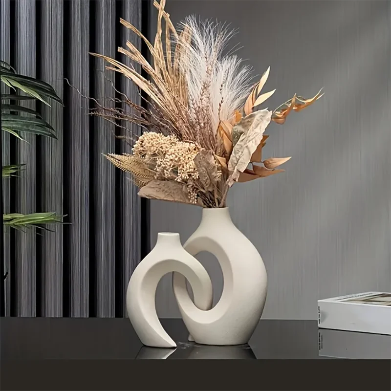 Nordic Modern Style Ceramic Vase Set of 2 For Modern Home Decor Boho Hollow Flower  Vases Living Room Bookshelf  Ornaments ﻿