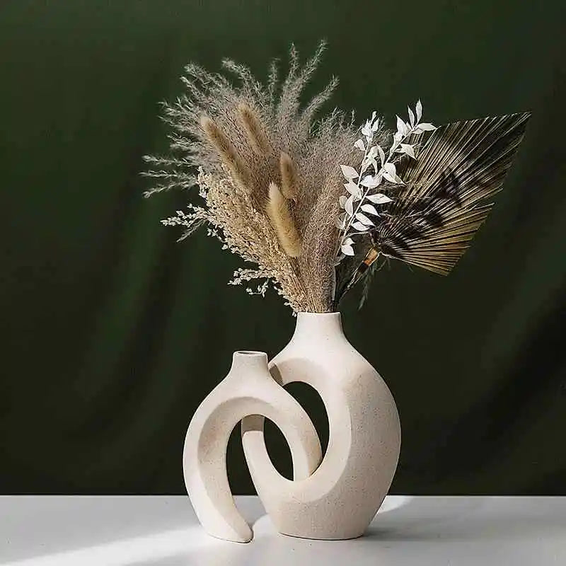 Nordic Modern Style Ceramic Vase Set of 2 For Modern Home Decor Boho Hollow Flower  Vases Living Room Bookshelf  Ornaments ﻿