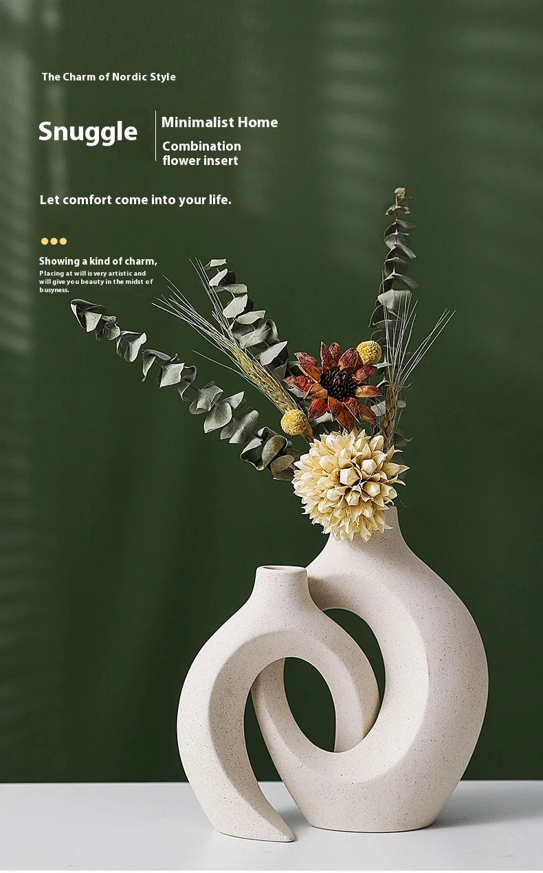 Nordic Modern Style Ceramic Vase Set of 2 For Modern Home Decor Boho Hollow Flower  Vases Living Room Bookshelf  Ornaments ﻿
