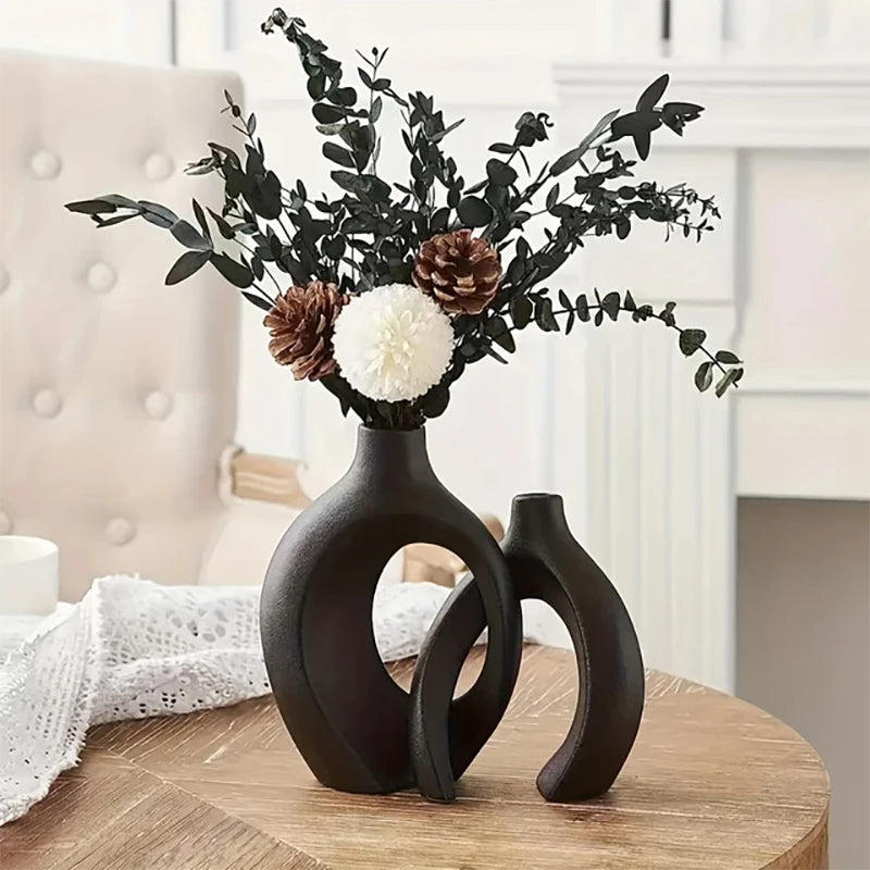 Nordic Modern Style Ceramic Vase Set of 2 For Modern Home Decor Boho Hollow Flower  Vases Living Room Bookshelf  Ornaments ﻿