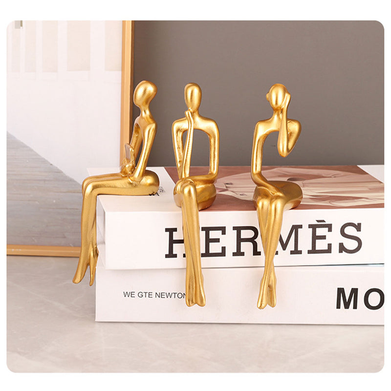 3pcs Abstract Figures Resin Statue Gold Thinker Sculpture Ornament Art Sitting Posture Character Statues Home Shelf Decorations