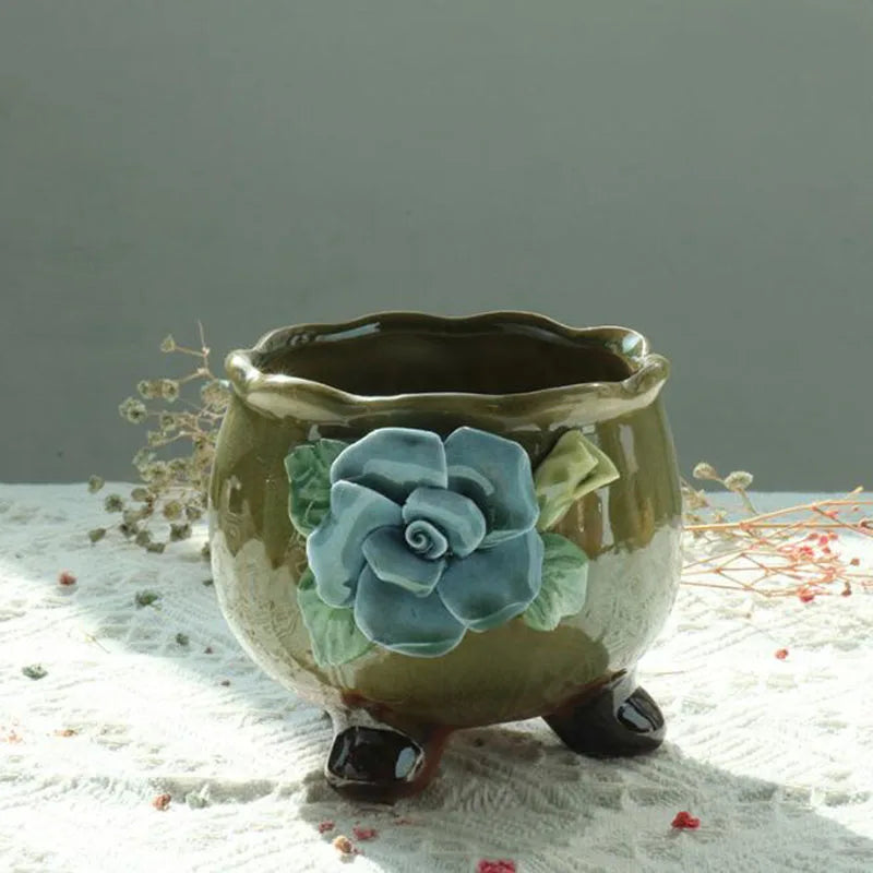 Retro Succulent Plant Pot Relief Floral Pattern Decorated Bonsai Pot Exquisite Planter Vase Office Desktop Ornaments