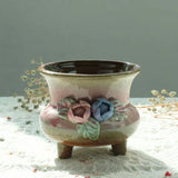 Retro Succulent Plant Pot Relief Floral Pattern Decorated Bonsai Pot Exquisite Planter Vase Office Desktop Ornaments
