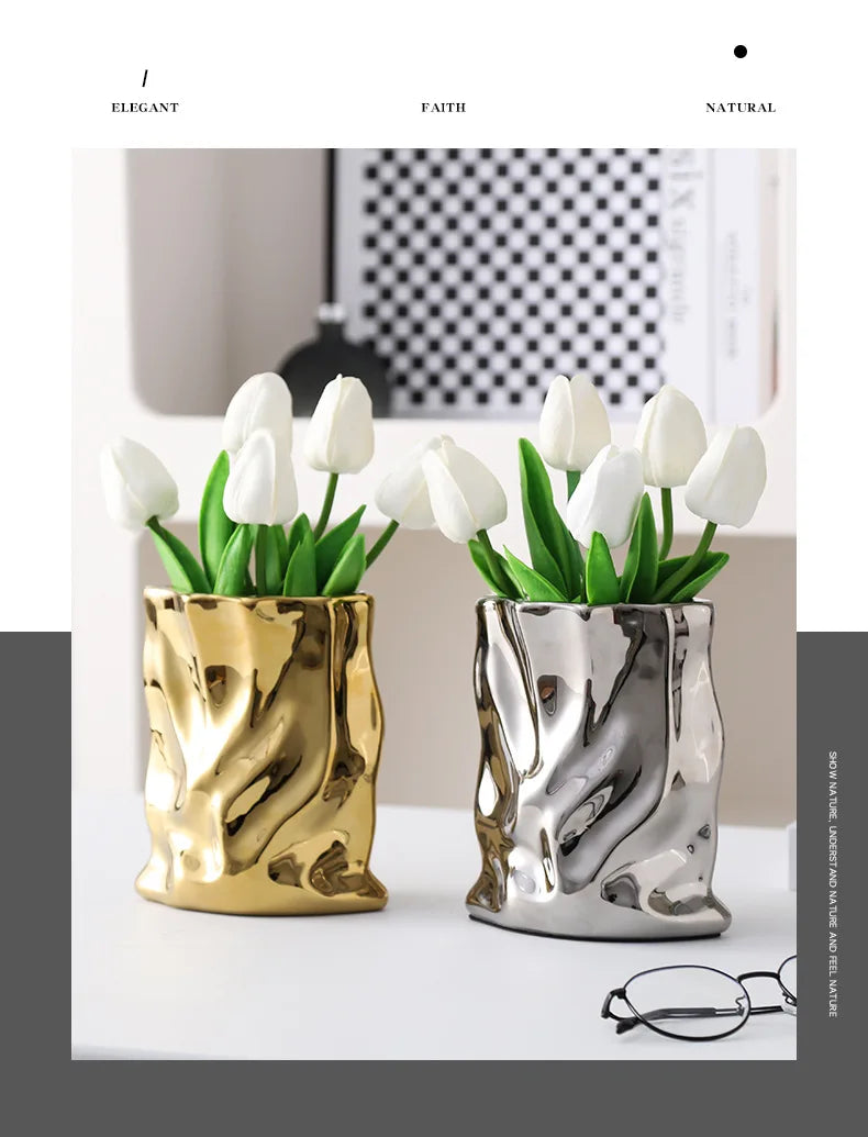 Nordic Ceramic Irregular Vase Electroplating Vase Living Room Office Decoration Simple Modern Flower Arrangement Home Decoration