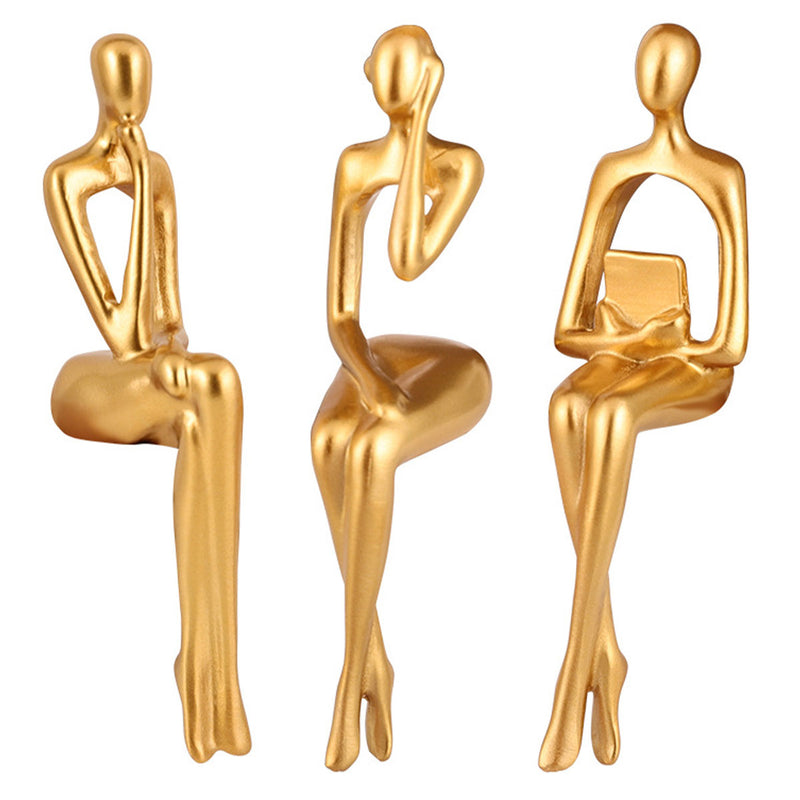 3pcs Abstract Figures Resin Statue Gold Thinker Sculpture Ornament Art Sitting Posture Character Statues Home Shelf Decorations