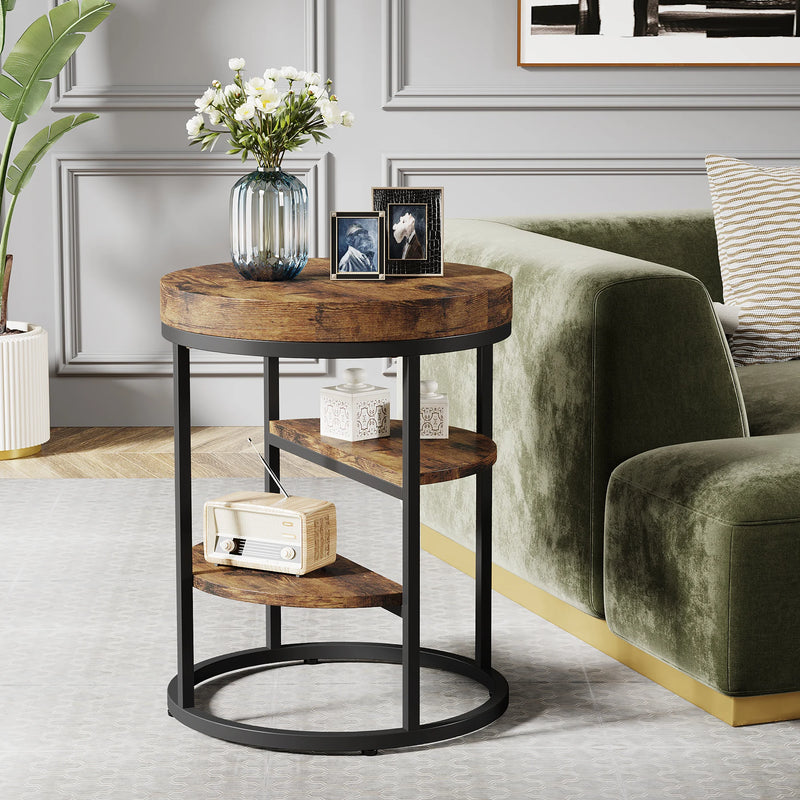 Tribesigns Round End Table, Small End Table with 3 Storage Shelves, Wood Side Table for Small Spaces, Industrial Sofa Table