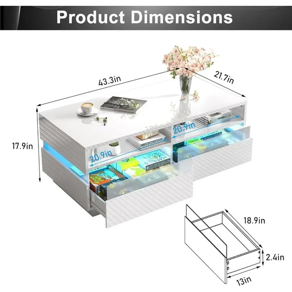 Coffee Table, Modern High Glossy LED Coffees Tables W/ 2 Storage Drawers, Coffee Table