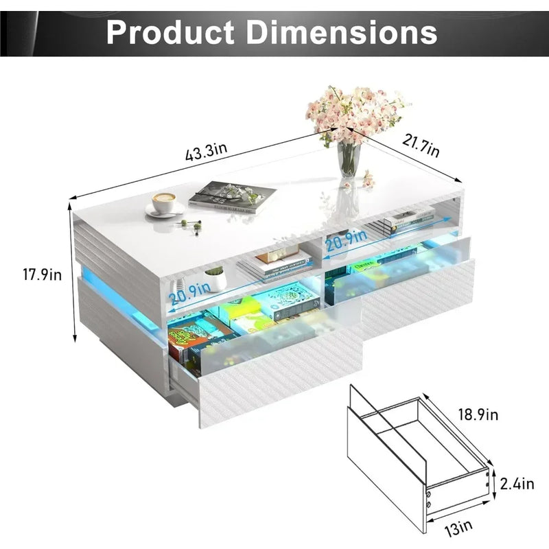 Coffee Table, Modern High Glossy LED Coffees Tables W/ 2 Storage Drawers, Coffee Table