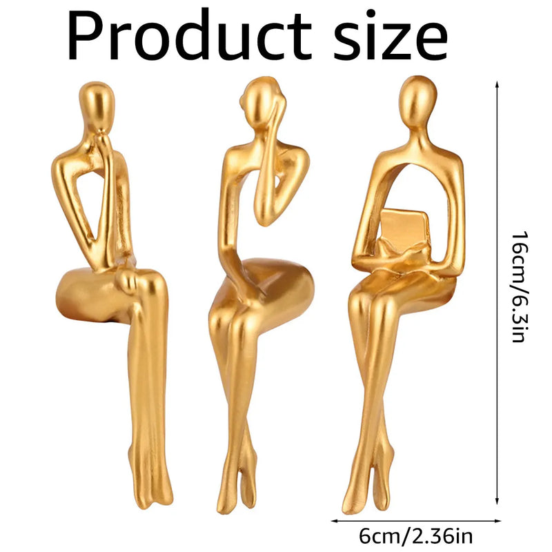 3pcs Abstract Figures Resin Statue Gold Thinker Sculpture Ornament Art Sitting Posture Character Statues Home Shelf Decorations