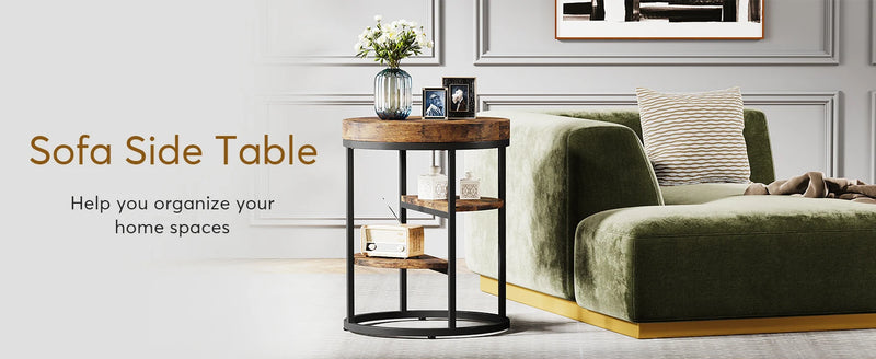 Tribesigns Round End Table, Small End Table with 3 Storage Shelves, Wood Side Table for Small Spaces, Industrial Sofa Table