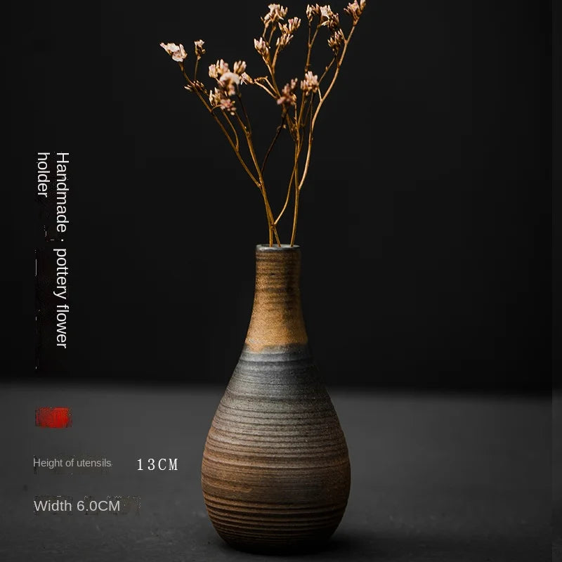 Japanese-style rough pottery flower pot handmade vase retro ceramic flower tea table hydroponic handicraft ornaments