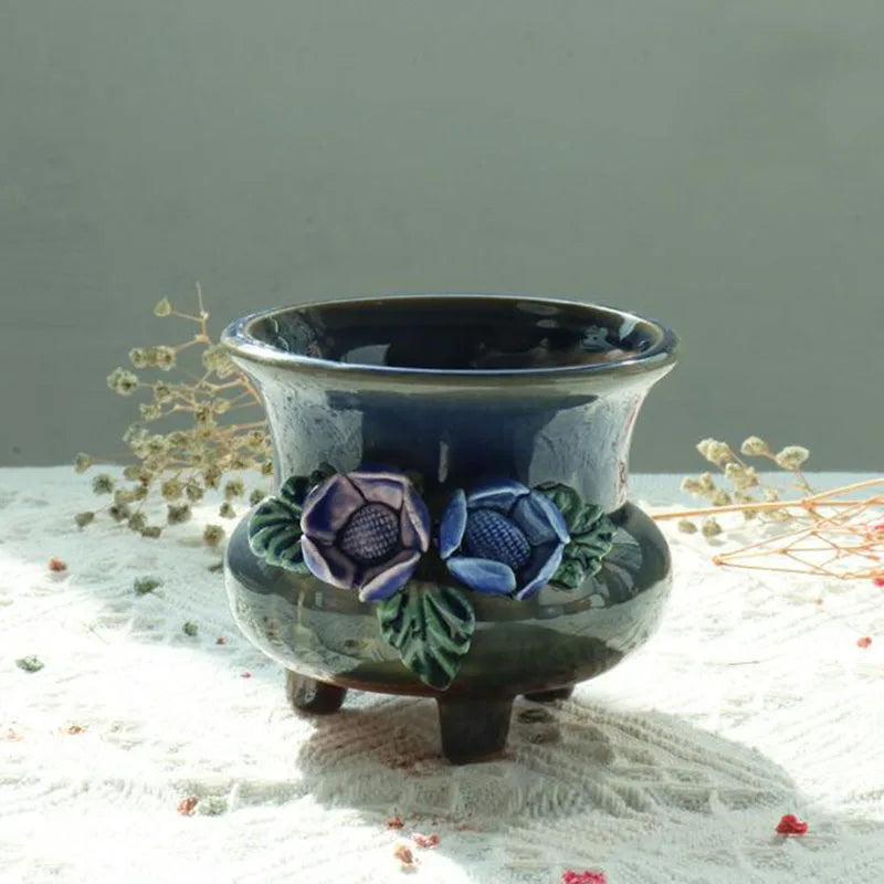 Retro Succulent Plant Pot Relief Floral Pattern Decorated Bonsai Pot Exquisite Planter Vase Office Desktop Ornaments