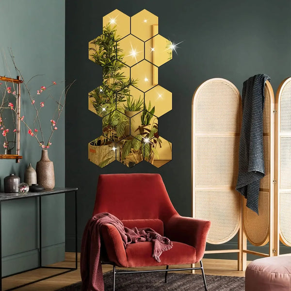 12pcs 3D Hexagon Mirror Wall Sticker Rose Gold DIY TV Background Living Room Stickers Wall Decor Bedroom Bathroom Home Decor