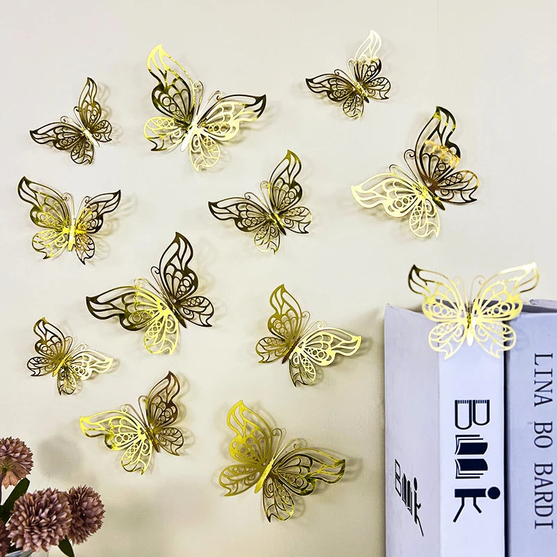 12pcs 3D Hollow Butterflies Wall Stickers on The Wall for Wedding Decoration Children Room Decor Living Room Kids Bedroom DIY