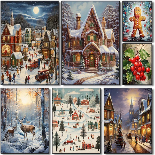 Vintage Holiday Poster Christmas Bells Gingerbread Man Santa Claus Nutcracker Canvas Painting Wall Art Picture Home Decor