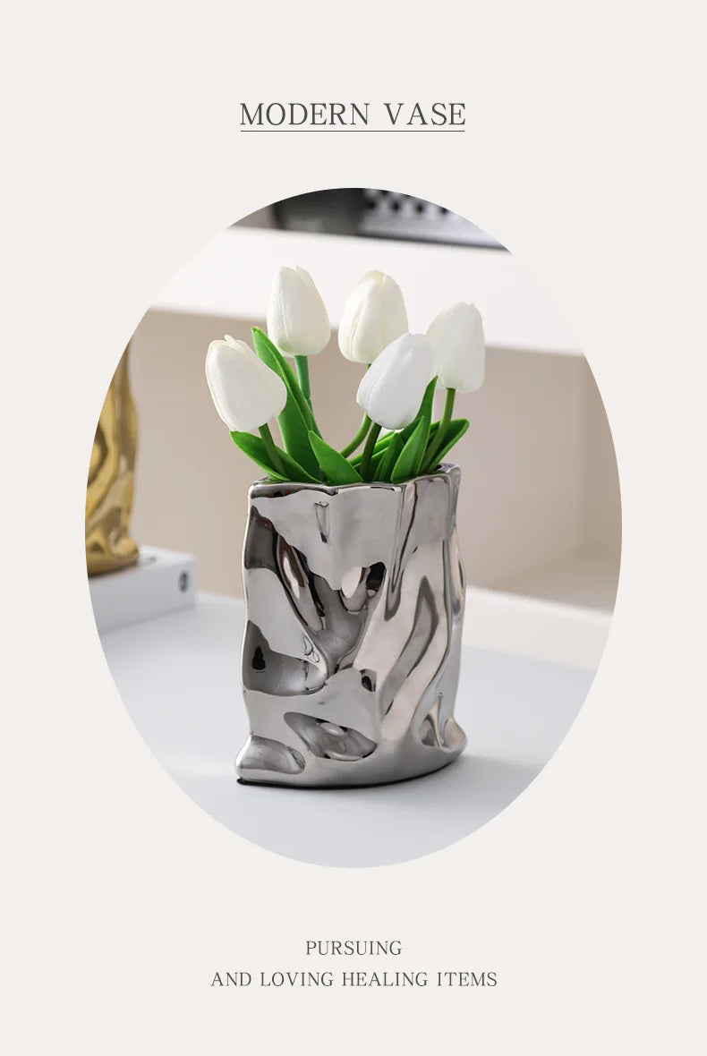 Nordic Ceramic Irregular Vase Electroplating Vase Living Room Office Decoration Simple Modern Flower Arrangement Home Decoration