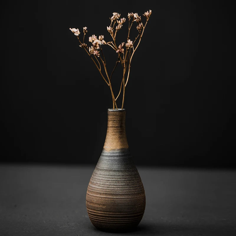 Japanese-style rough pottery flower pot handmade vase retro ceramic flower tea table hydroponic handicraft ornaments