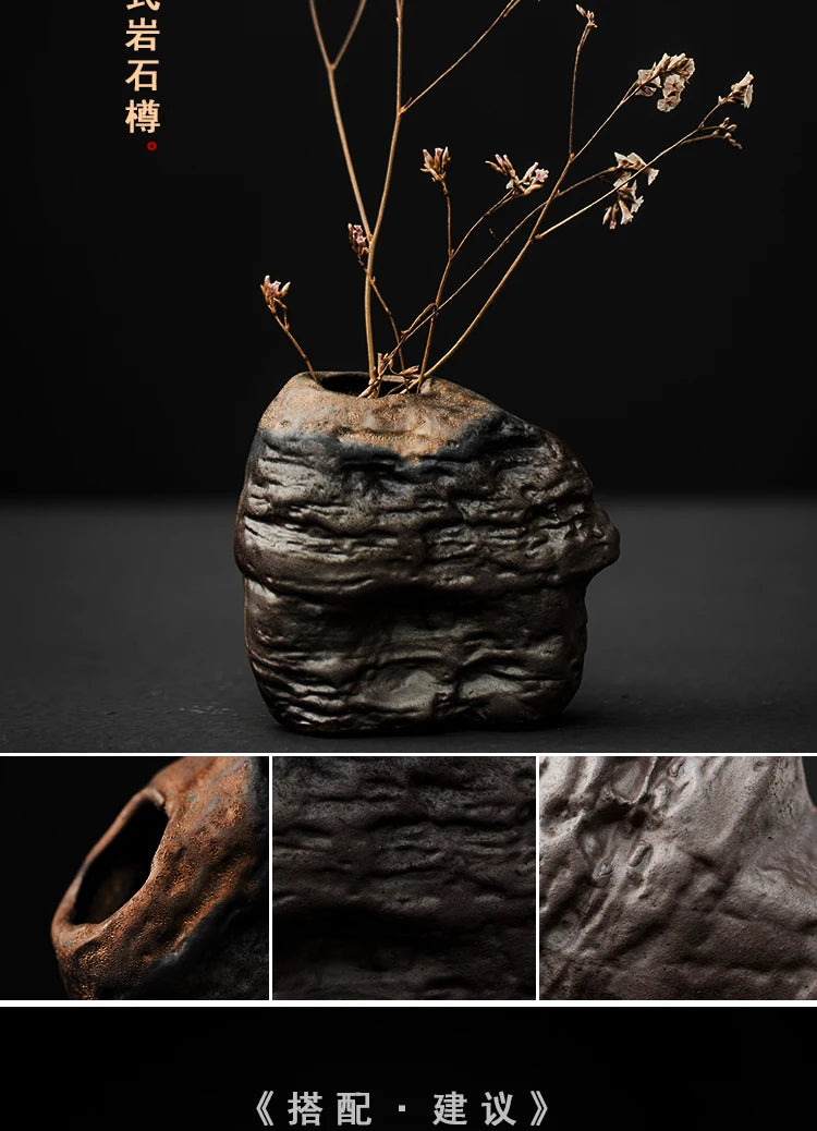 Japanese-style rough pottery flower pot handmade vase retro ceramic flower tea table hydroponic handicraft ornaments
