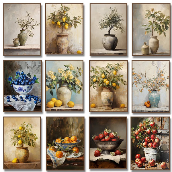 Lemon Tree in Antique Vase Canvas Painting Olive Tree Fruit Apple Poster Still Life Art Vintage Botanical Wall Home Decor