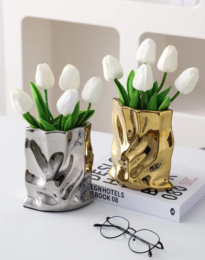Nordic Ceramic Irregular Vase Electroplating Vase Living Room Office Decoration Simple Modern Flower Arrangement Home Decoration