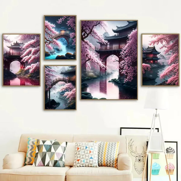 Japanese Cherry Blossoms Waterfall Temple Landscape Posters and Print Canvas Painting Wall Art Pictures Living Room Home Decor