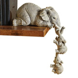 Elephant Hand Painted Figurines Set of 3, Mother and Two Babies Hanging Off The Edge of A Shelf or Table Three Elephant Statue