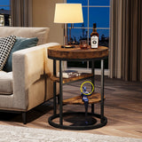Tribesigns Round End Table, Small End Table with 3 Storage Shelves, Wood Side Table for Small Spaces, Industrial Sofa Table