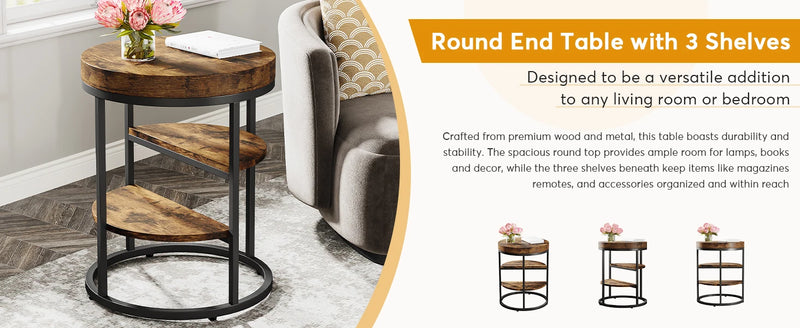Tribesigns Round End Table, Small End Table with 3 Storage Shelves, Wood Side Table for Small Spaces, Industrial Sofa Table