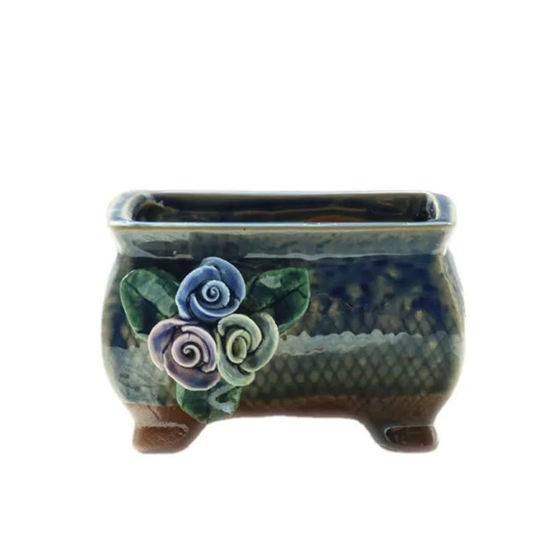Retro Succulent Plant Pot Relief Floral Pattern Decorated Bonsai Pot Exquisite Planter Vase Office Desktop Ornaments