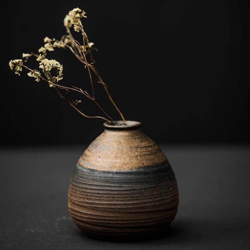 Japanese-style rough pottery flower pot handmade vase retro ceramic flower tea table hydroponic handicraft ornaments