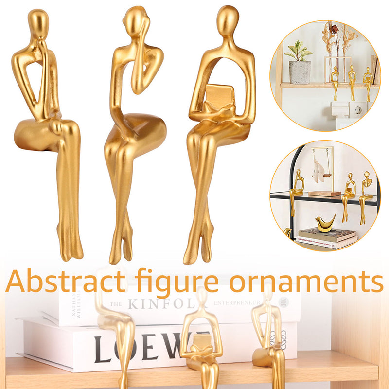 3pcs Abstract Figures Resin Statue Gold Thinker Sculpture Ornament Art Sitting Posture Character Statues Home Shelf Decorations