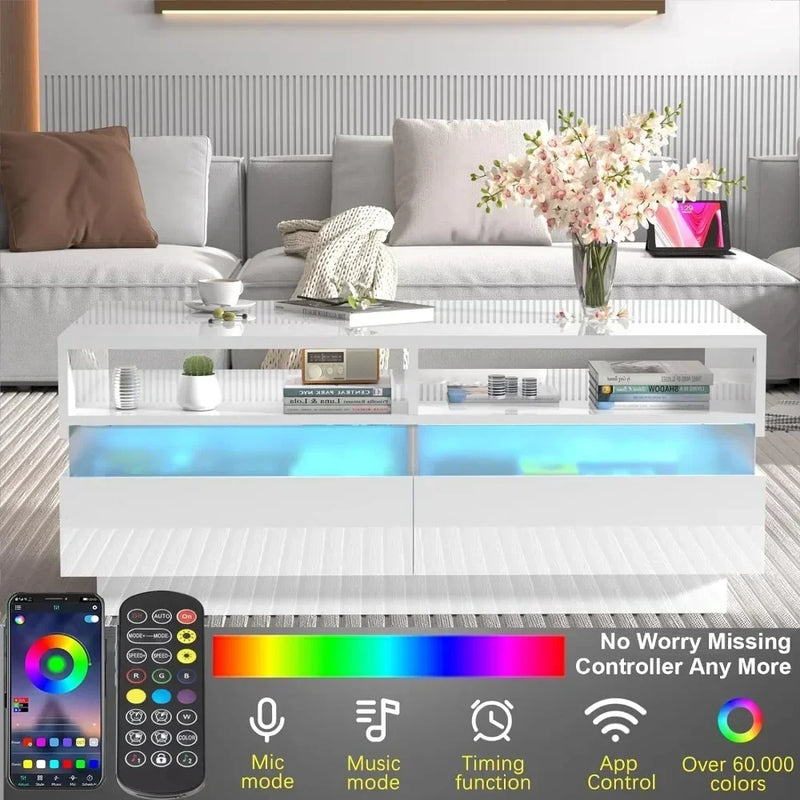 Coffee Table, Modern High Glossy LED Coffees Tables W/ 2 Storage Drawers, Coffee Table