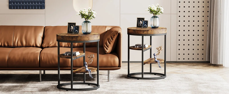 Tribesigns Round End Table, Small End Table with 3 Storage Shelves, Wood Side Table for Small Spaces, Industrial Sofa Table
