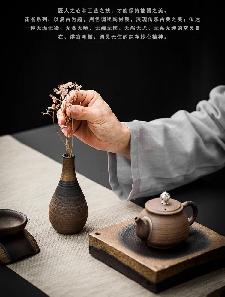 Japanese-style rough pottery flower pot handmade vase retro ceramic flower tea table hydroponic handicraft ornaments