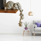 Elephant Hand Painted Figurines Set of 3, Mother and Two Babies Hanging Off The Edge of A Shelf or Table Three Elephant Statue