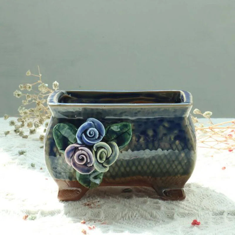 Retro Succulent Plant Pot Relief Floral Pattern Decorated Bonsai Pot Exquisite Planter Vase Office Desktop Ornaments