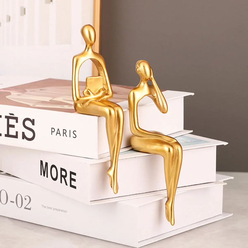 3pcs Abstract Figures Resin Statue Gold Thinker Sculpture Ornament Art Sitting Posture Character Statues Home Shelf Decorations