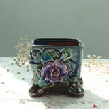 Retro Succulent Plant Pot Relief Floral Pattern Decorated Bonsai Pot Exquisite Planter Vase Office Desktop Ornaments