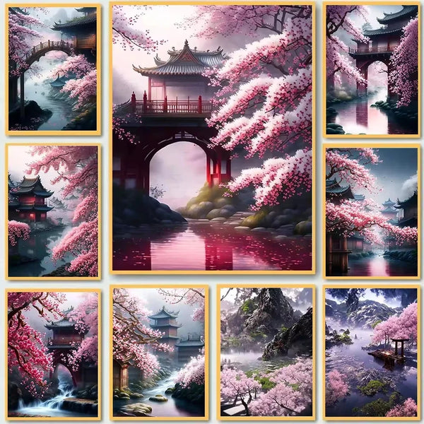 Japanese Cherry Blossoms Waterfall Temple Landscape Posters and Print Canvas Painting Wall Art Pictures Living Room Home Decor